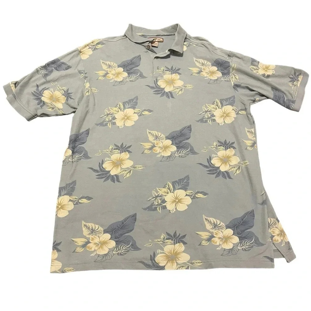 🌺 Paradise Blue Floral‎ Hawaiian Polo Shirt XLT 🏖️✨